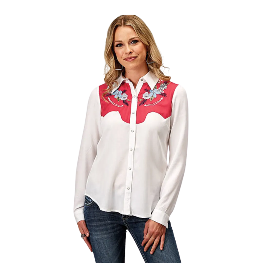 Roper Women's Rayon Challis Embroidered White Shirt