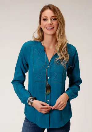 Roper Womens Teal Polyester Eyelet Embroidery L/S Blouse