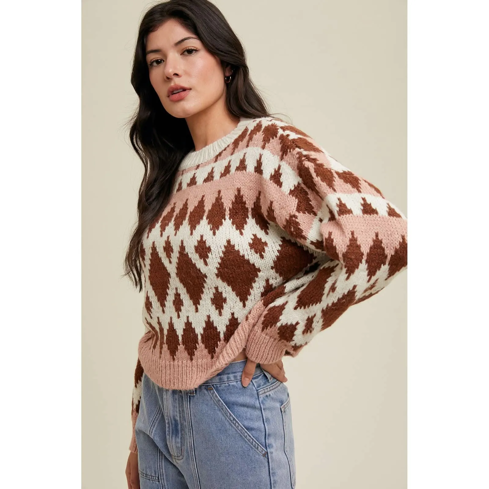 Rose   Chocolate Jacquard Crewneck Sweater