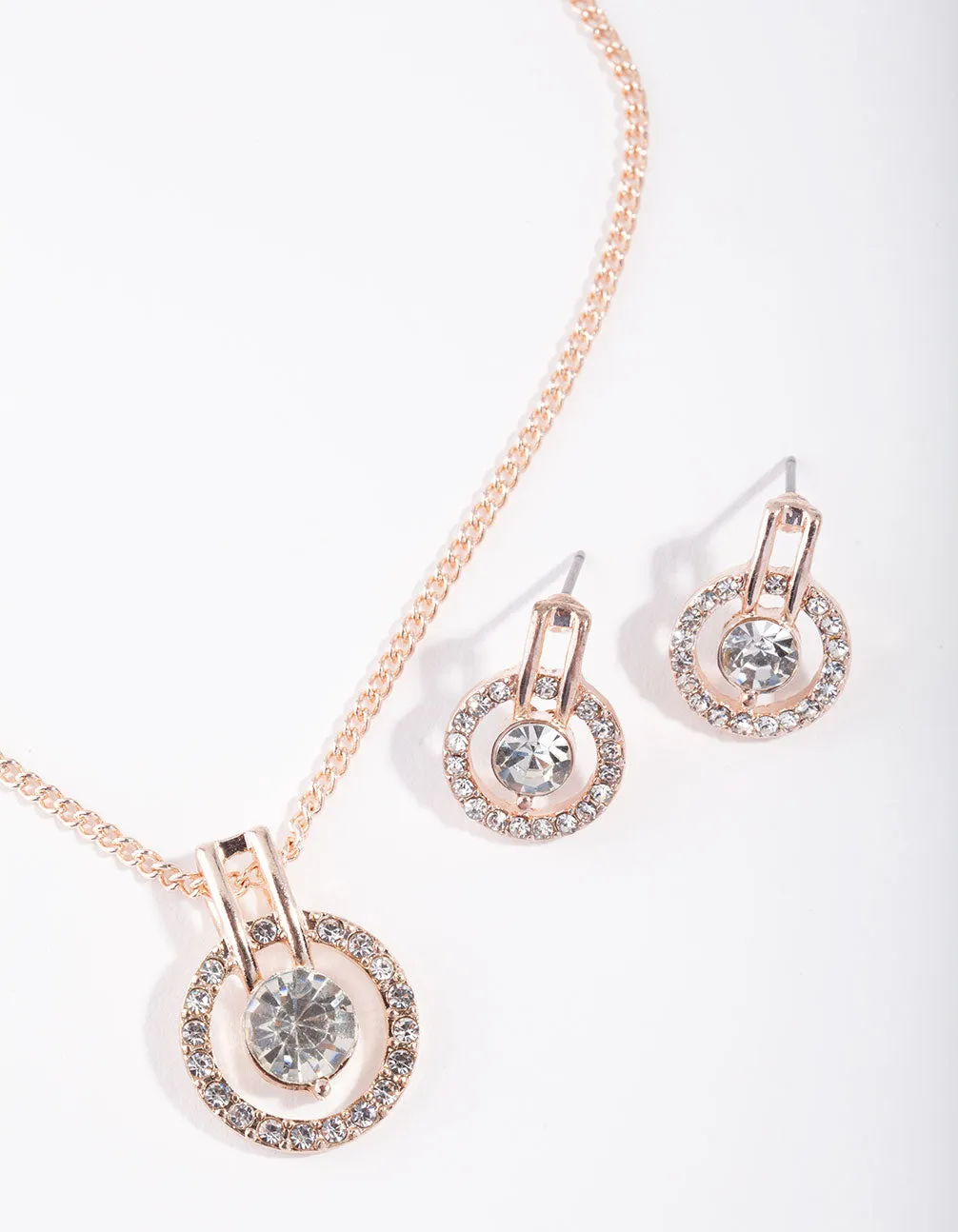 Rose Gold Circle Diamante Disc Necklace & Earrings Set