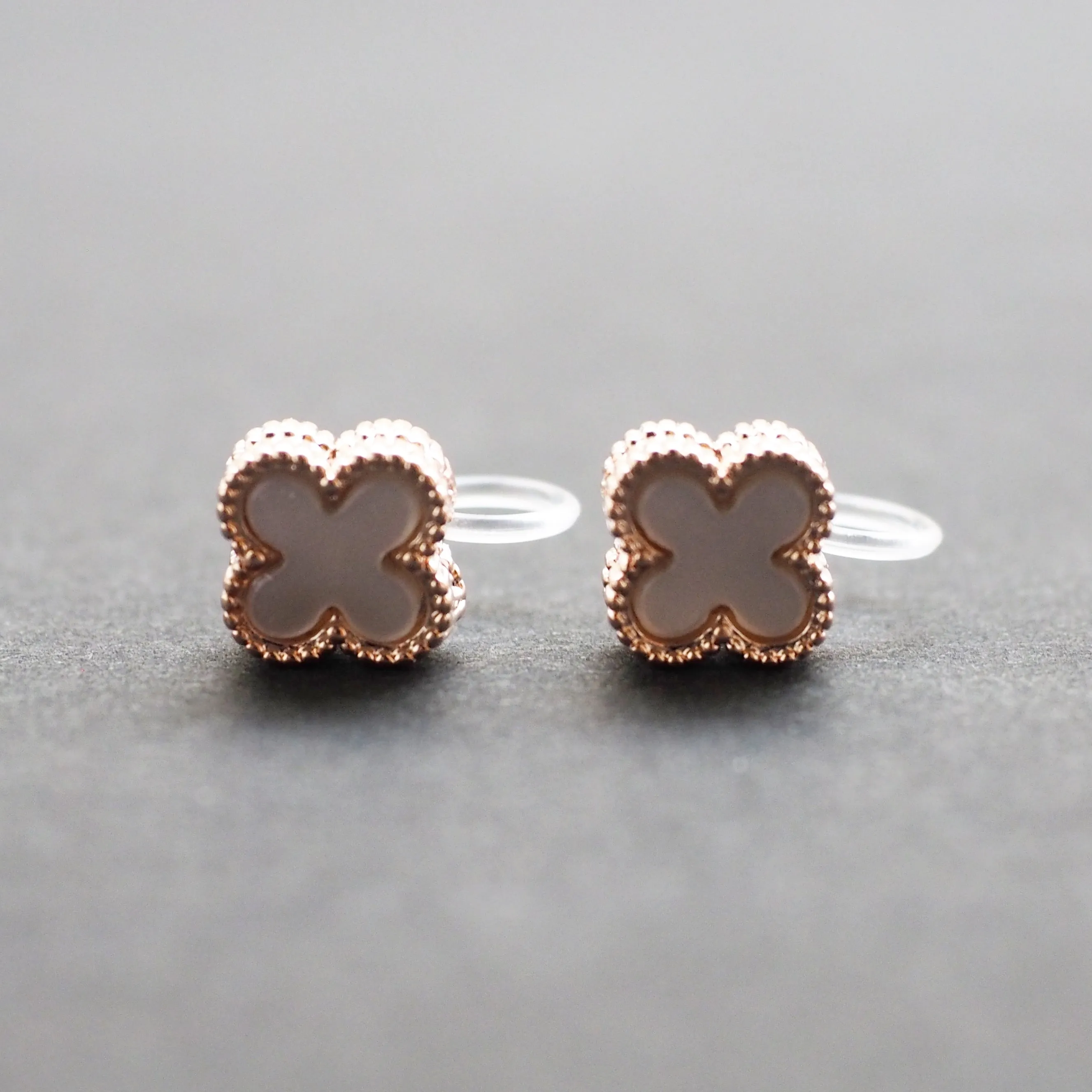 Rose Gold Clover Swarovski Crystal Rhinestone Pave Invisible Clip On Stud Earrings ( White )