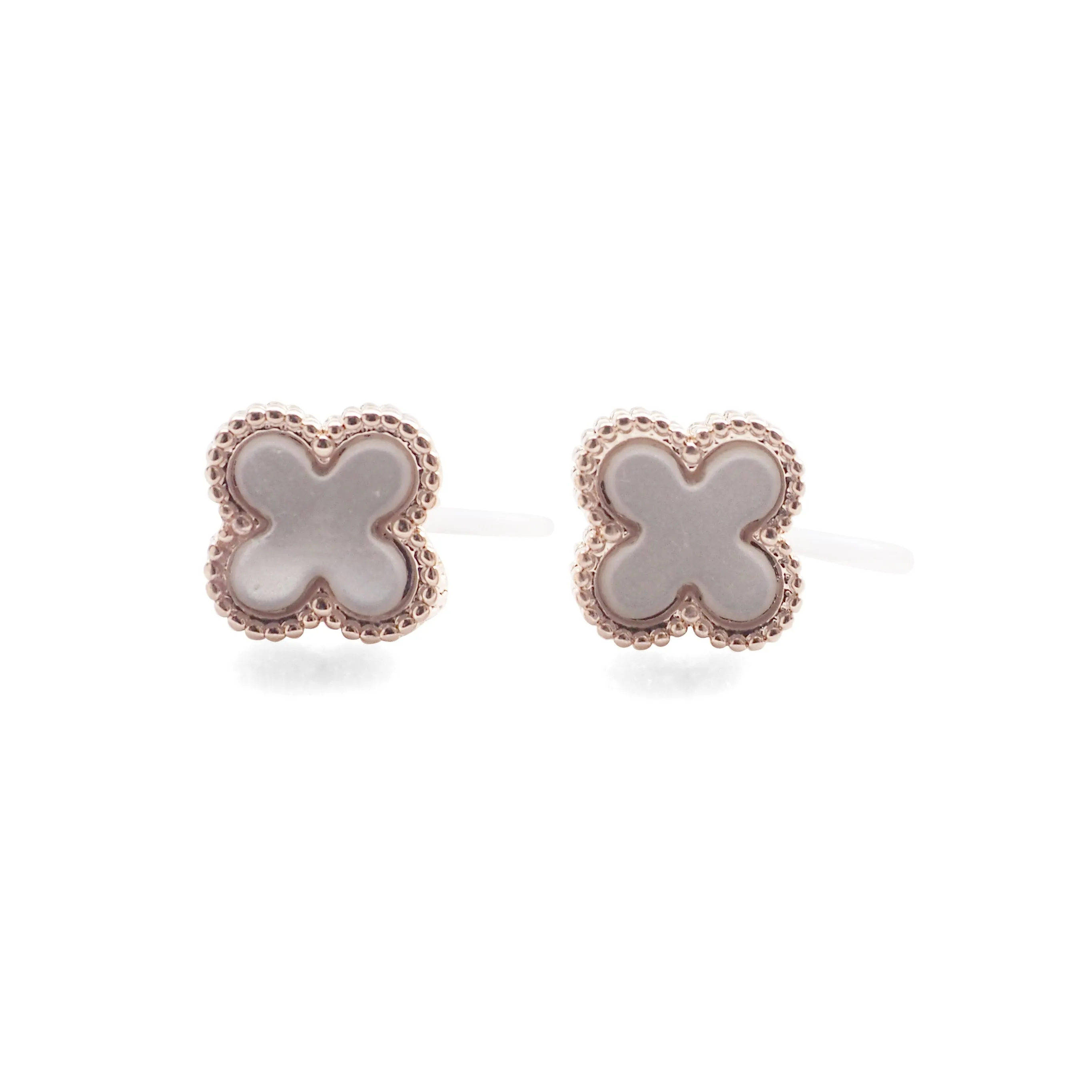 Rose Gold Clover Swarovski Crystal Rhinestone Pave Invisible Clip On Stud Earrings ( White )