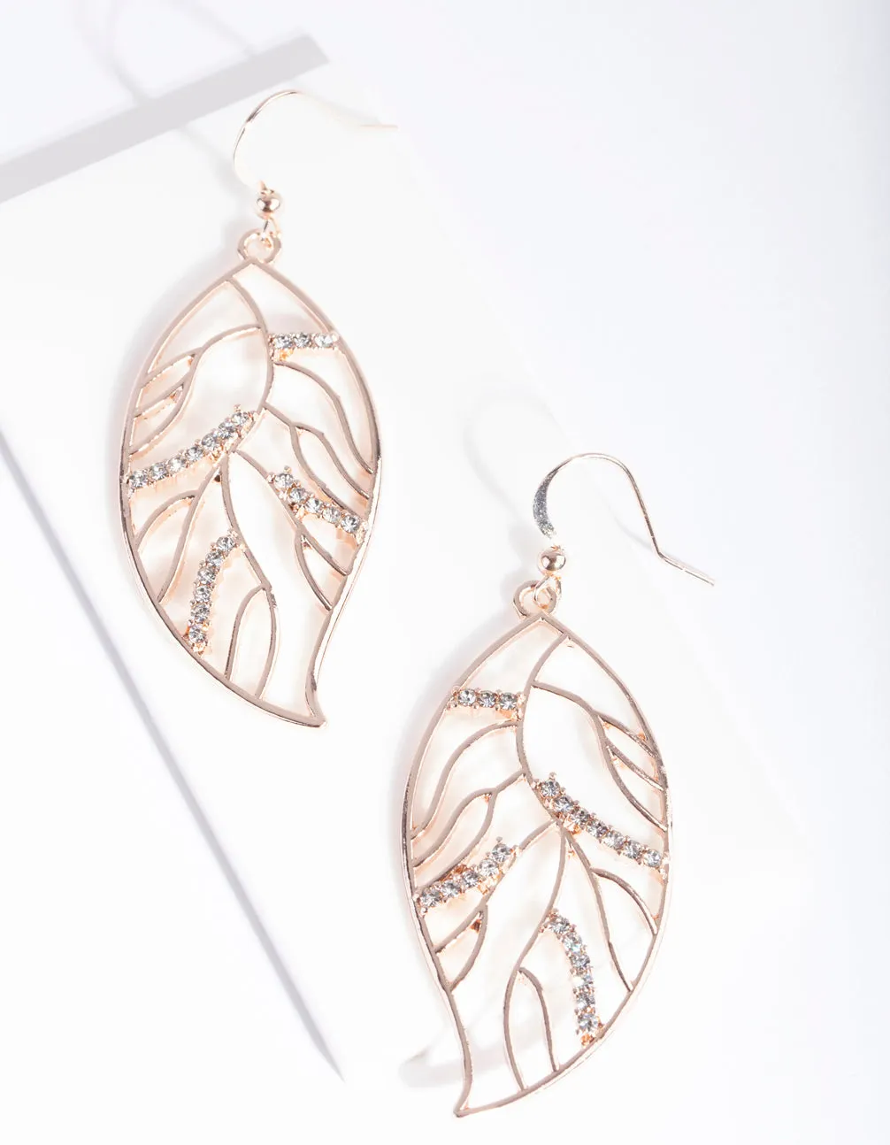 Rose Gold Cutout Leaf Diamante Earrings