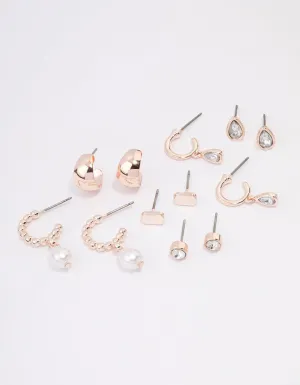 Rose Gold Diamante & Pearl Mixed Earrings 6-Pack