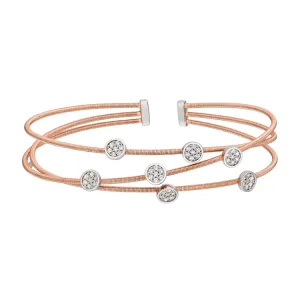 Rose Gold Finish Sterling Silver Three Cable Cuff Bracelet with Rhodium Finish Simulated Diamond Small Circles