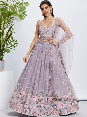 Rose Gold Mauve Chiffon Lehenga Choli Set with Sequins & Thread Embroidery