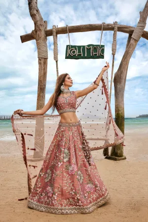 Rose Gold Net Sequins, Moti, Mirror and thread embroidery Semi-Stitched Lehenga choli & Dupatta