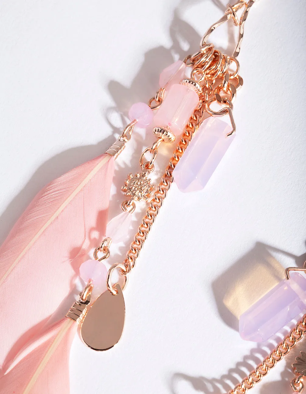 Rose Gold Pink Feather Chain Drop Earrings