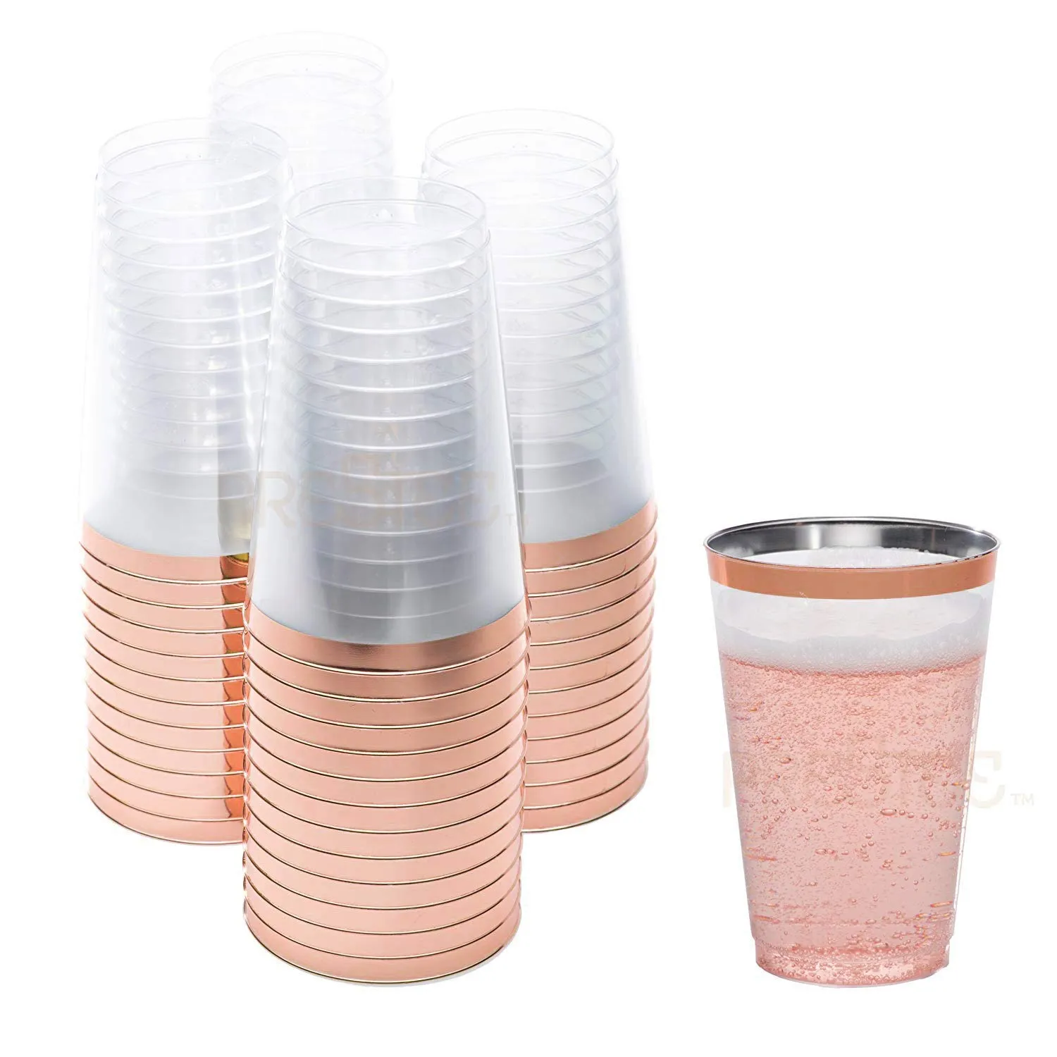 Rose Gold Rim Plastic Cups, 14 Oz 50 Pack, Hard Clear Plastic Cups, Disposable