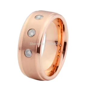 Rose Gold Triple Rhinestone Tungsten Carbide Ring