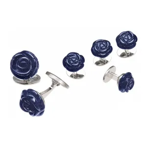 Rose Hand Carved Blue Goldstone Cufflinks and Stud Set