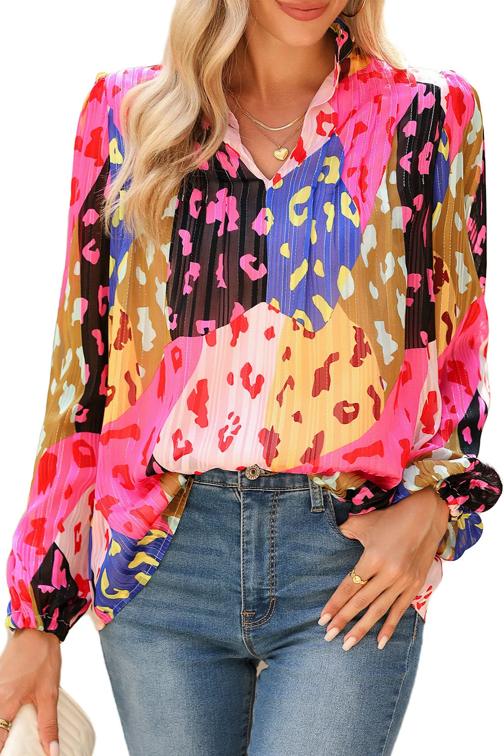 Rose Leopard Print Puff Sleeve Crinkle Blouse