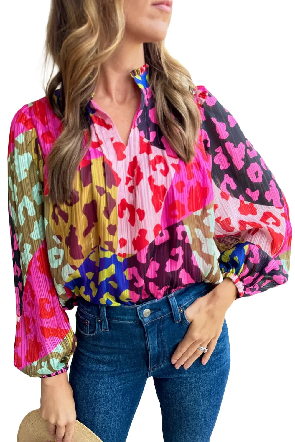 Rose Leopard Print Puff Sleeve Crinkle Blouse