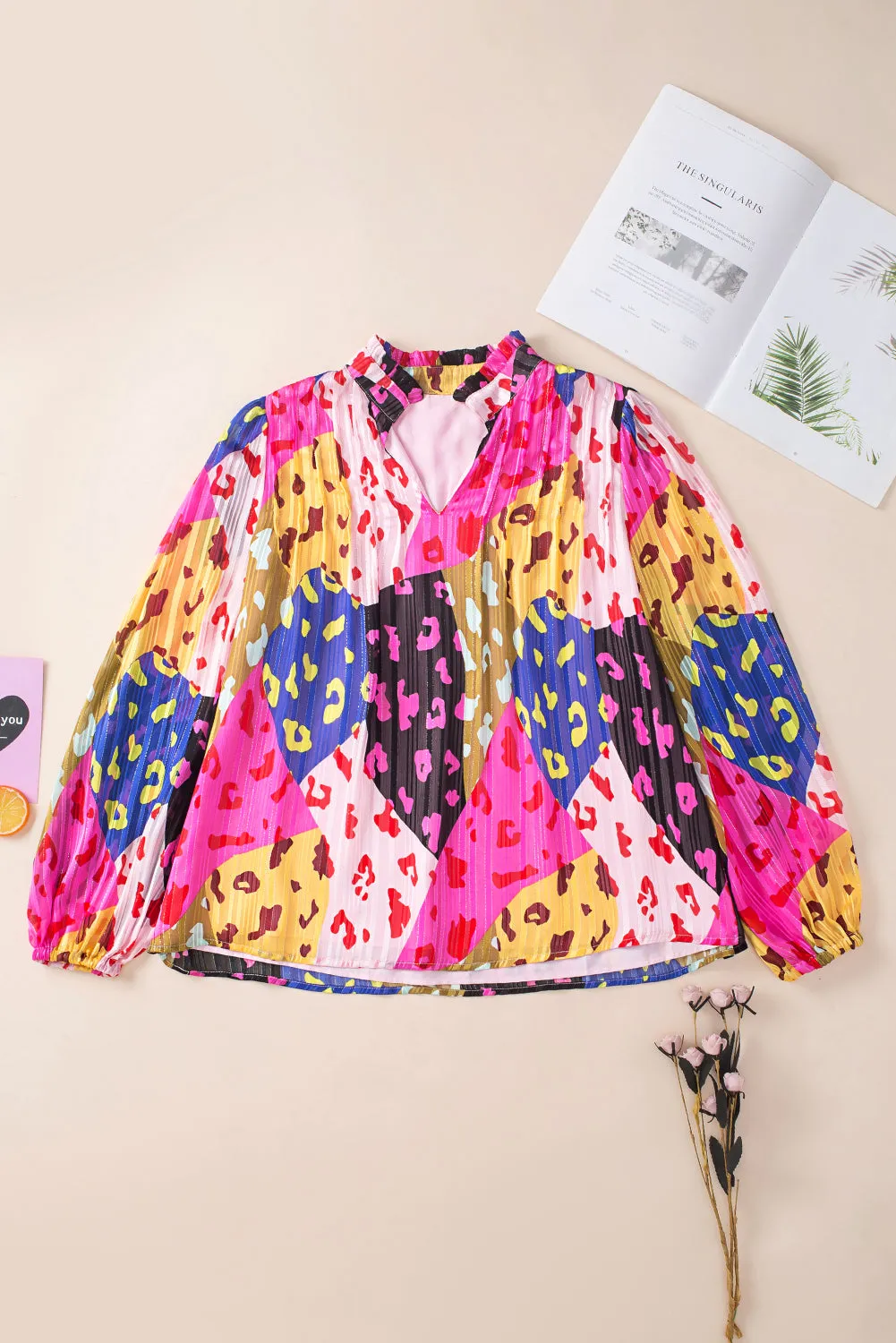 Rose Leopard Print Puff Sleeve Crinkle Blouse