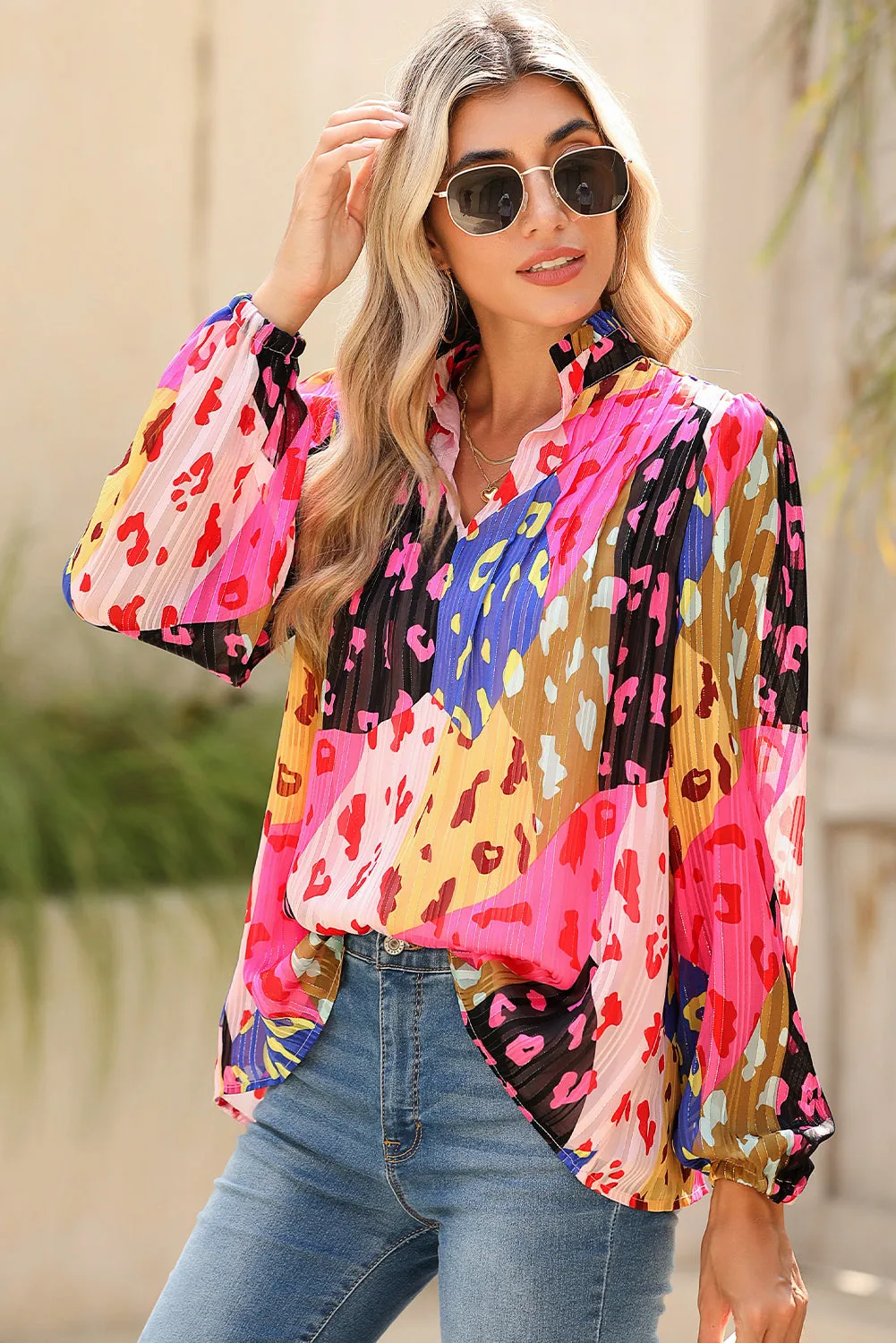 Rose Leopard Print Puff Sleeve Crinkle Blouse