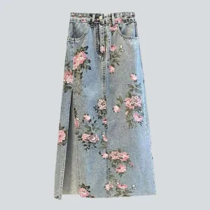 Rose-painted long denim skirt