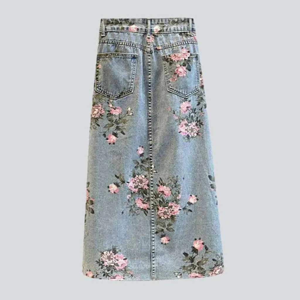 Rose-painted long denim skirt