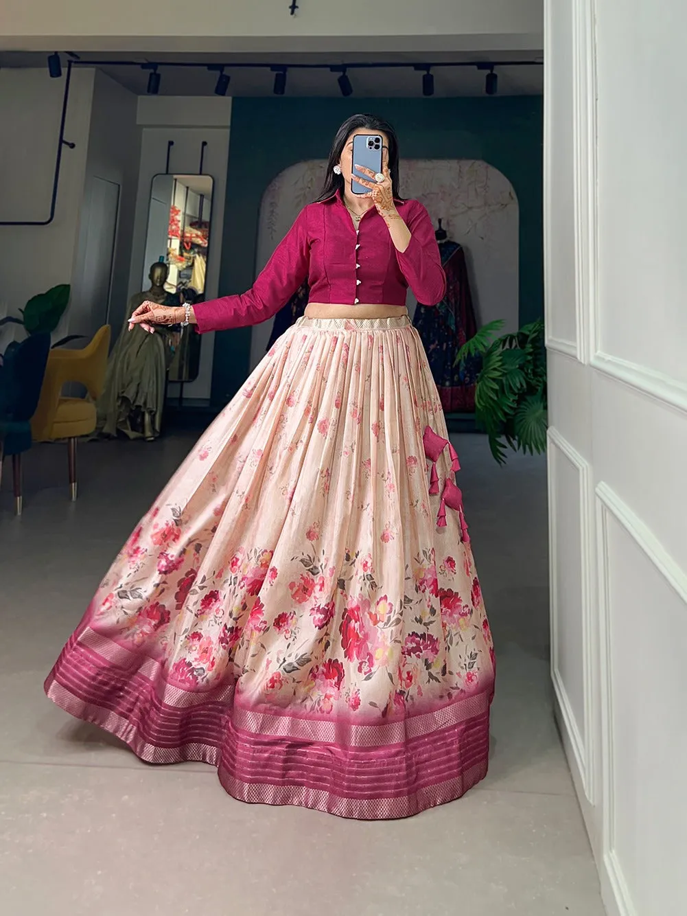 Rose Pink Color Dazzling Dola Silk Floral Lehenga Choli