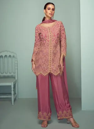 Rose Pink Cording Embroidery Traditional Pant Style Suit