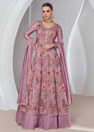 Rose Pink Front Slit Embroidered Lehenga Skirt Suit