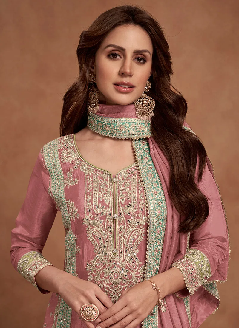 Rose Pink Multi Embroidered Wedding Palazzo Suit