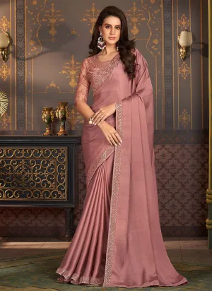 Rose Pink Sequence Embroidery Designer Silk Saree