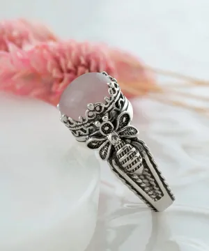 Rose Quartz Bee Cocktail Ring - Silver Filigree Artistry, Wedding Accessory, Valentine's Jewelry, Elegant Gemstone