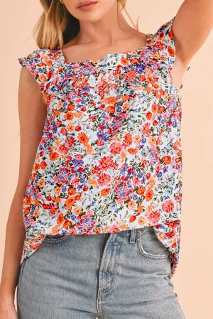 Rose Red Boho Floral Square Neck Flutter Sleeveless Top