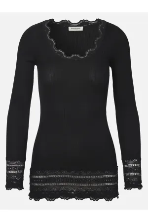 Rosemunde Benita Silk Tee Long Sleeve with Wide Lace 5209-010 | 010 Black