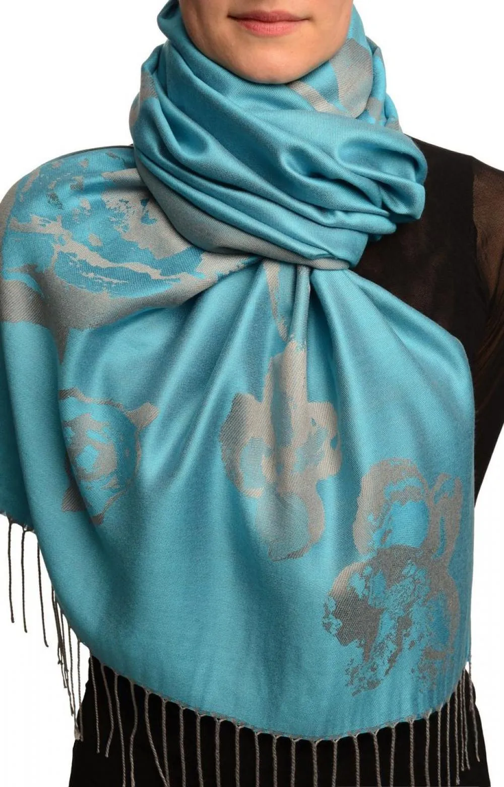 Roses On Maya Blue Pashmina Feel With Tassels