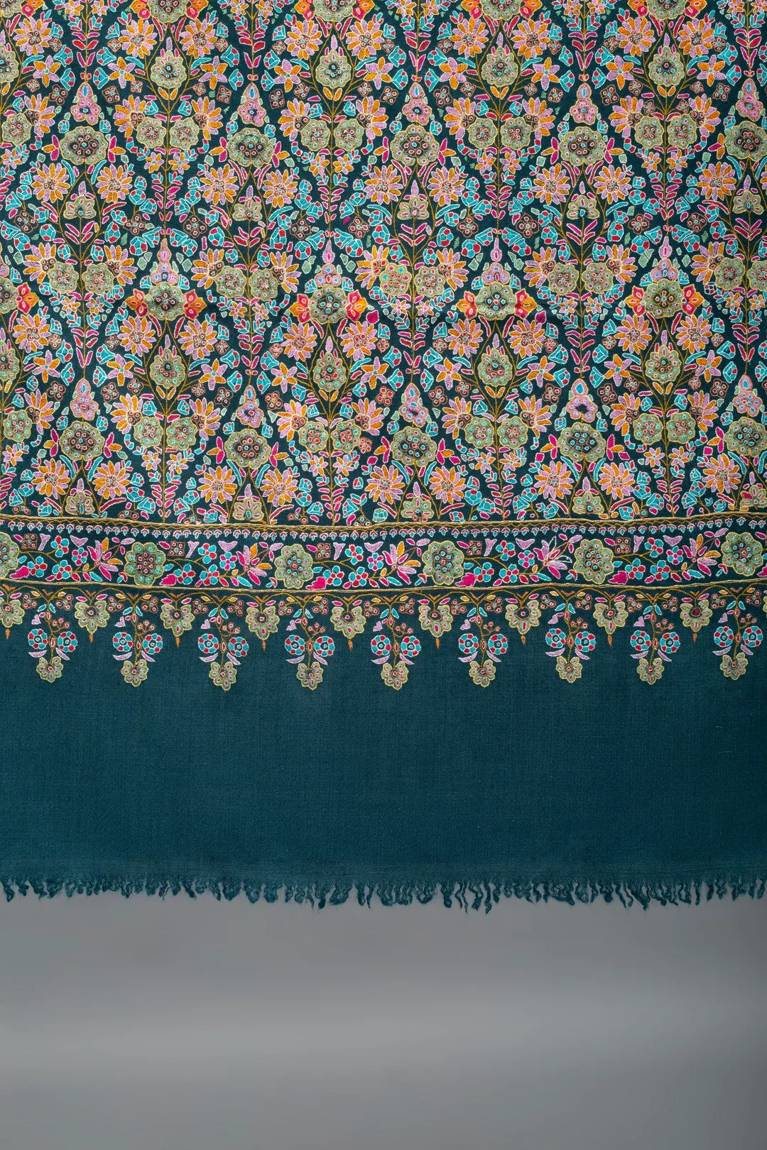 Roshanara Crystal Teal Jama Kanikar Sozni Embroidered Shawl