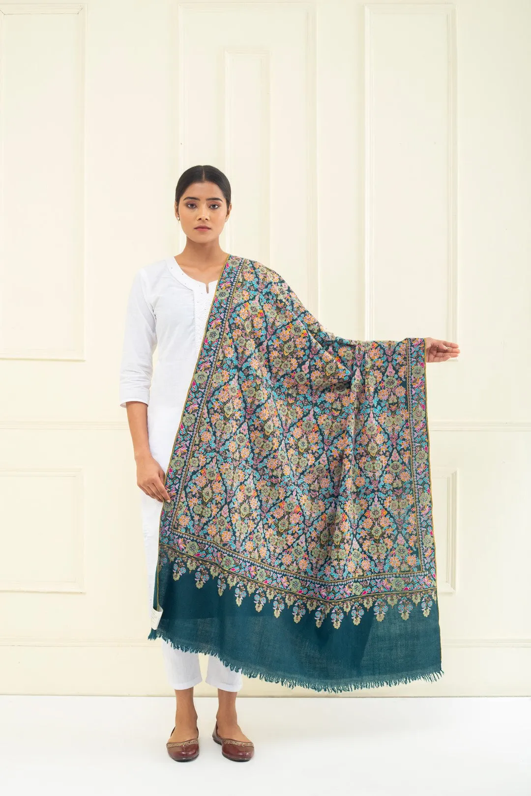 Roshanara Crystal Teal Jama Kanikar Sozni Embroidered Shawl