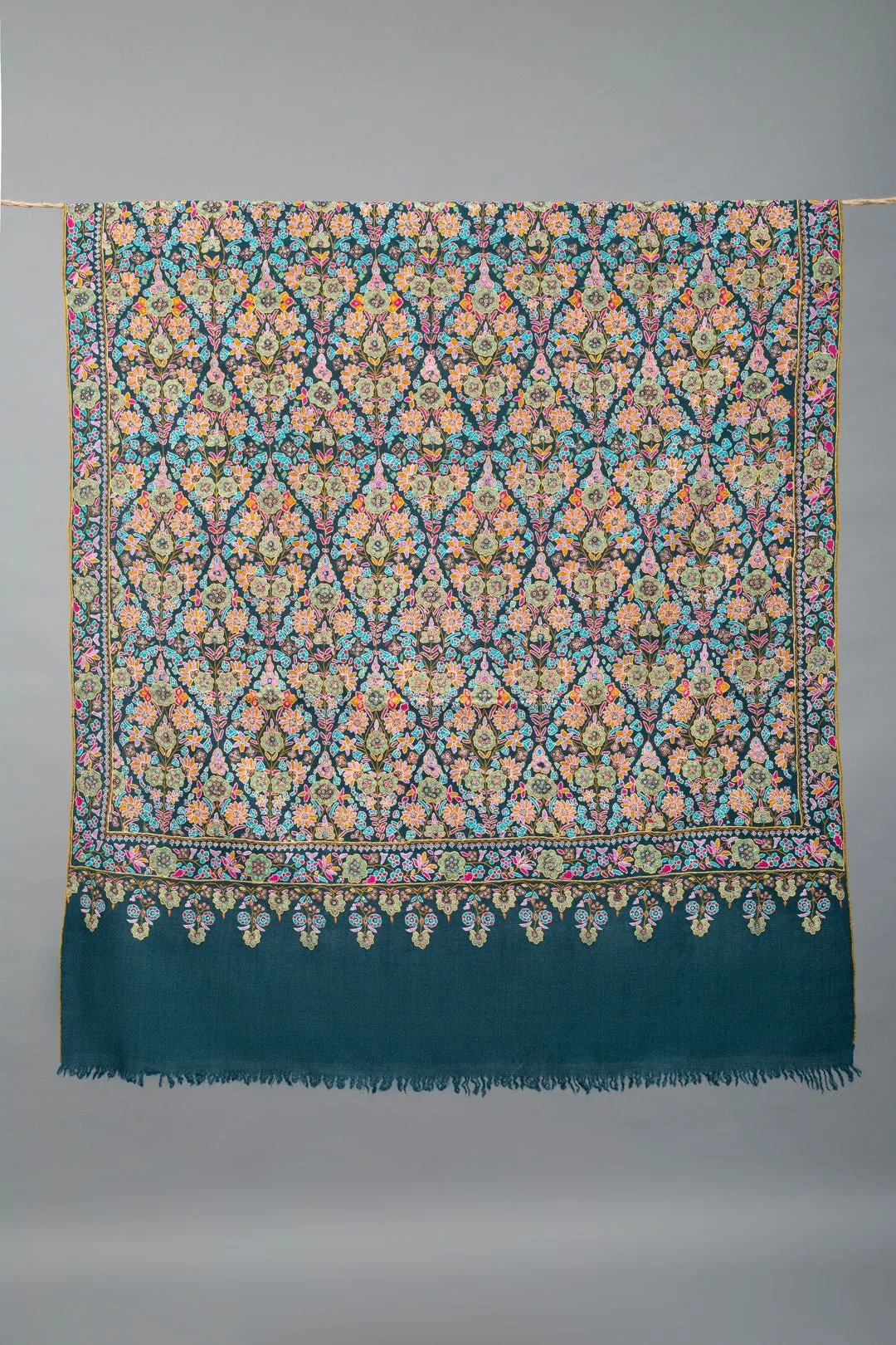 Roshanara Crystal Teal Jama Kanikar Sozni Embroidered Shawl