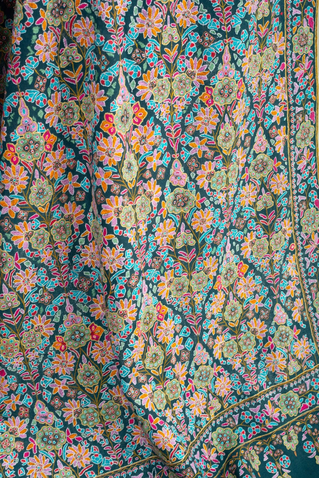 Roshanara Crystal Teal Jama Kanikar Sozni Embroidered Shawl