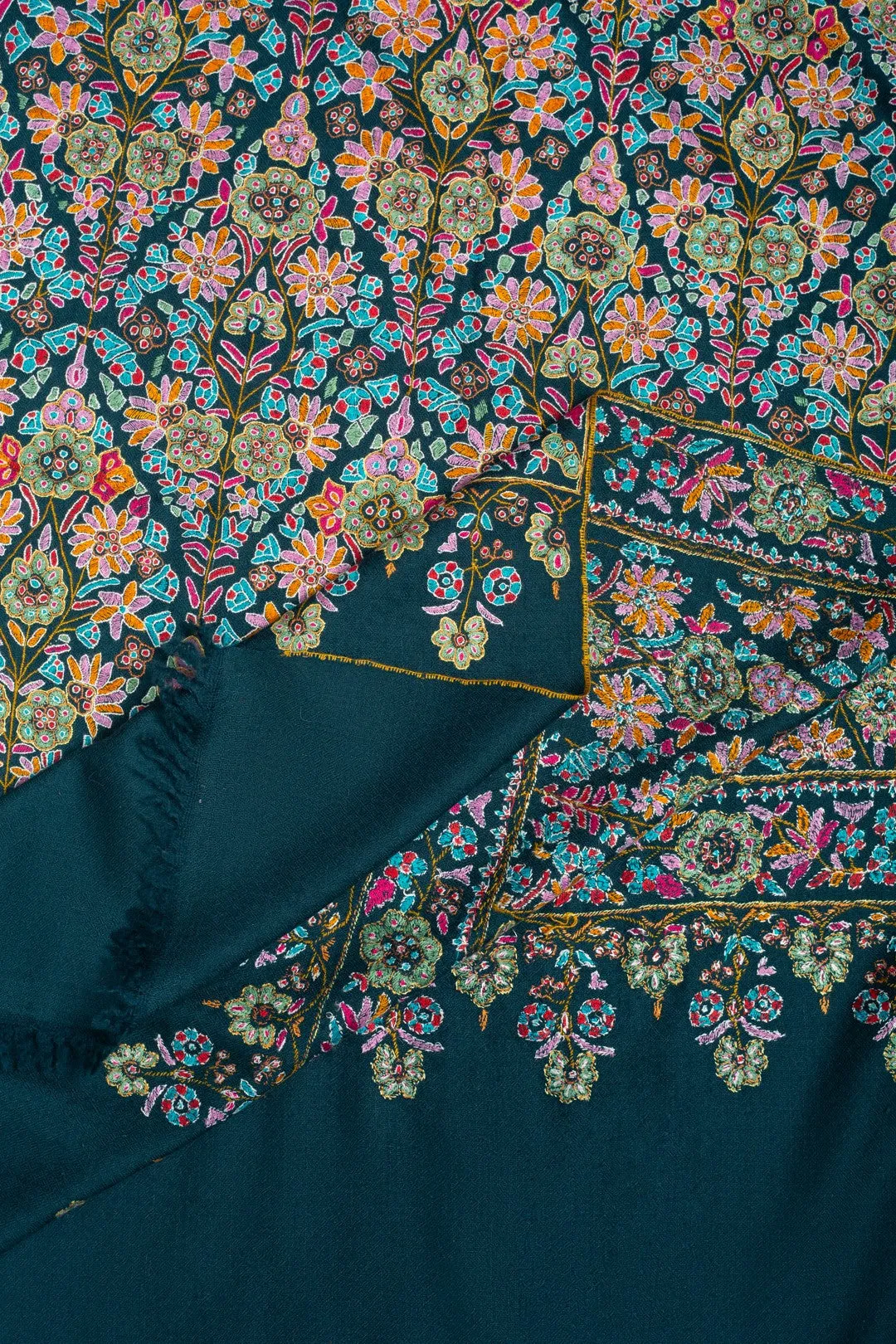 Roshanara Crystal Teal Jama Kanikar Sozni Embroidered Shawl