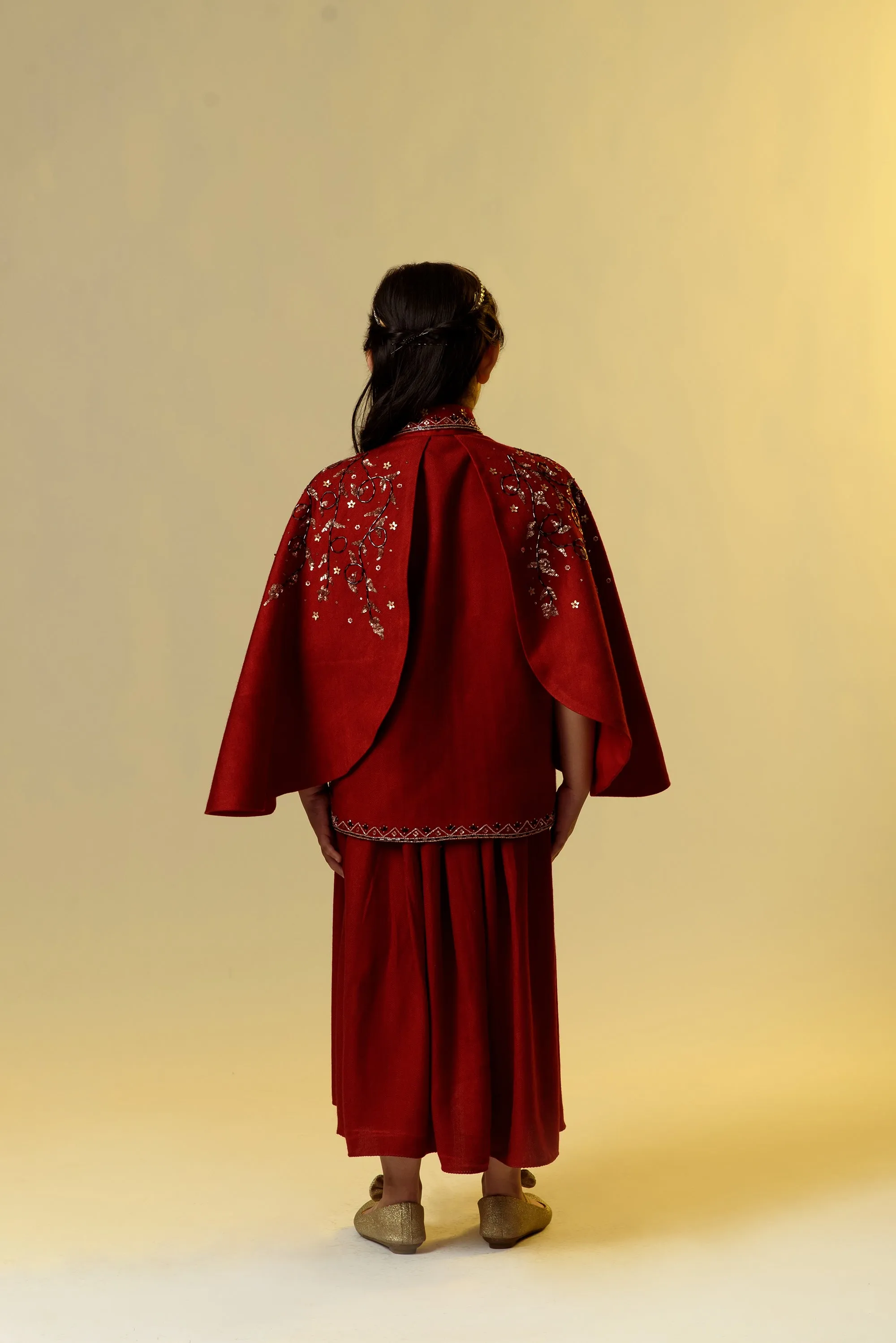 Rosy Finch- Double Flared Red Embroidered Jacket With Long Woollen Dress For Girls