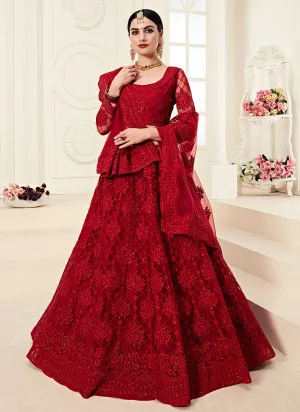 Rouge Red Pearl Embroidered Wedding Lehenga Choli