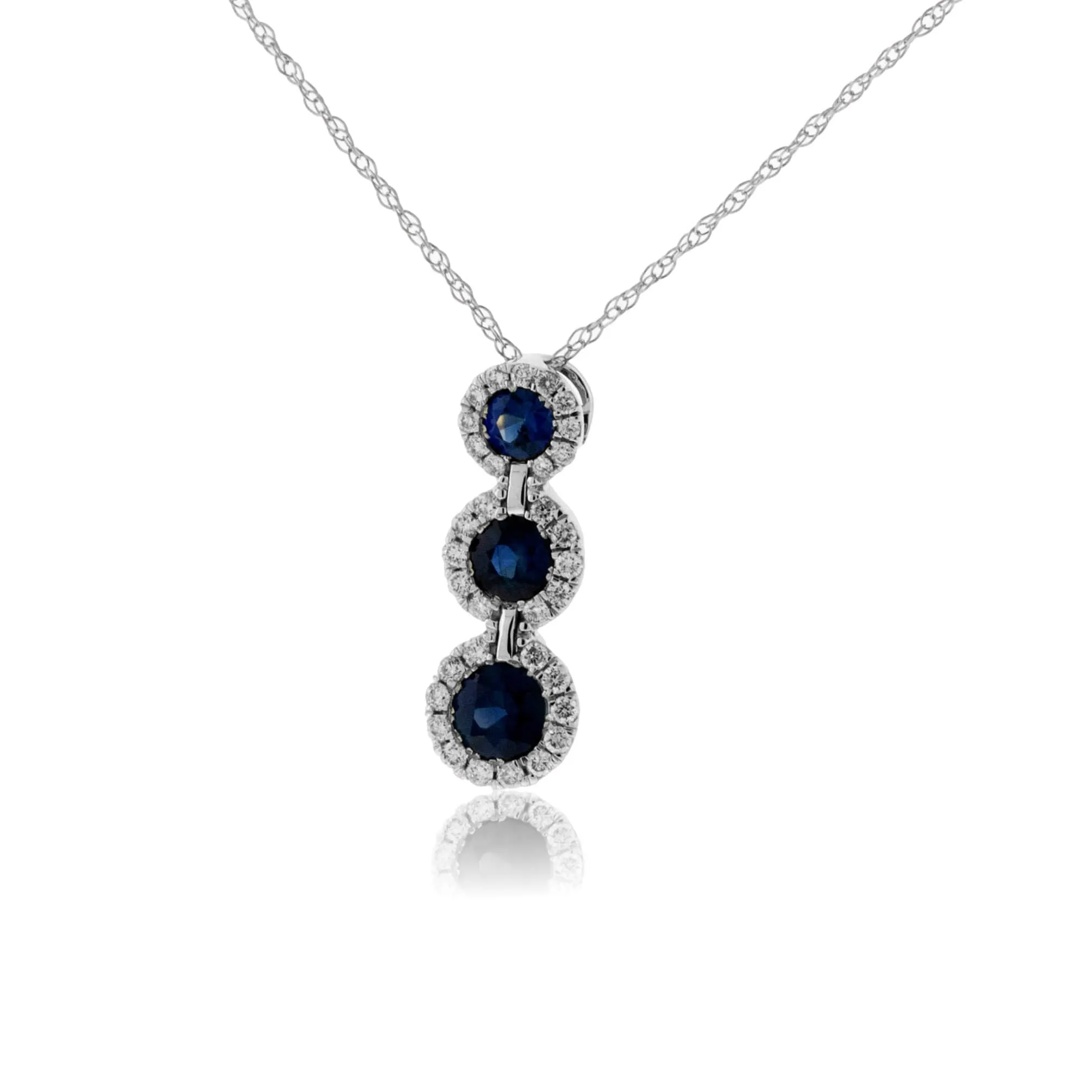 Round Blue Sapphire Three Stone Drop Style Pendant