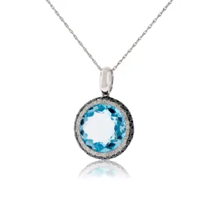 Round Blue Topaz & Diamond & Black Diamond Halo Pendant