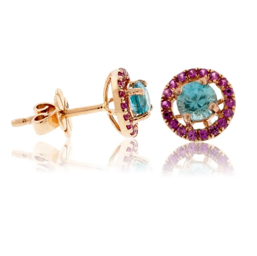 Round Blue Zircon & Pink Sapphire Halo Post Earrings