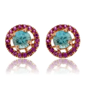 Round Blue Zircon & Pink Sapphire Halo Post Earrings