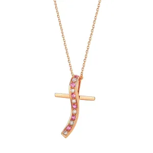 Round-cut Pink Sapphire and Diamond Cross Pendant in 18K Rose Gold