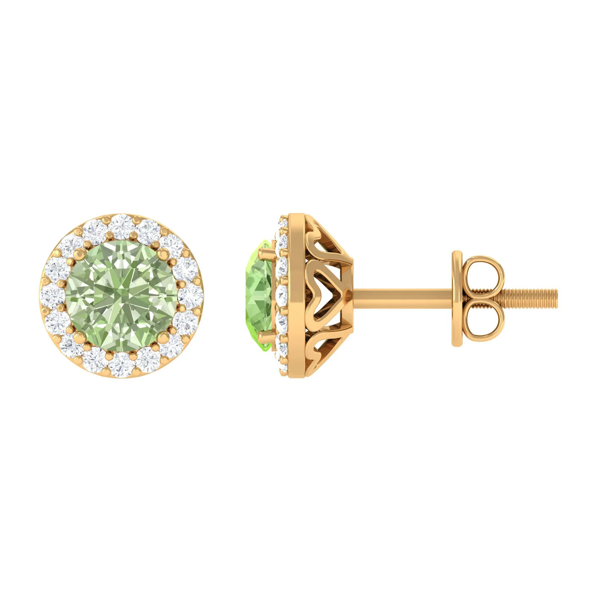 Round Green Sapphire and Diamond Classic Halo Stud Earrings