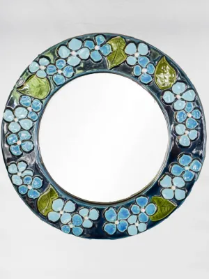 Round mid-century mirror w / blue flowers - Mithe Espelt (1924-2021) - 13½"