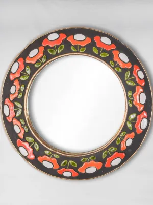 Round mid-century mirror w/ retro orange flowers Mithe Espelt (1924-2021) - 10¾"