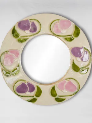 Round mid-century modern mirror w/ pink & purple flowers -Mithe Espelt (1924-2021) - 11½"