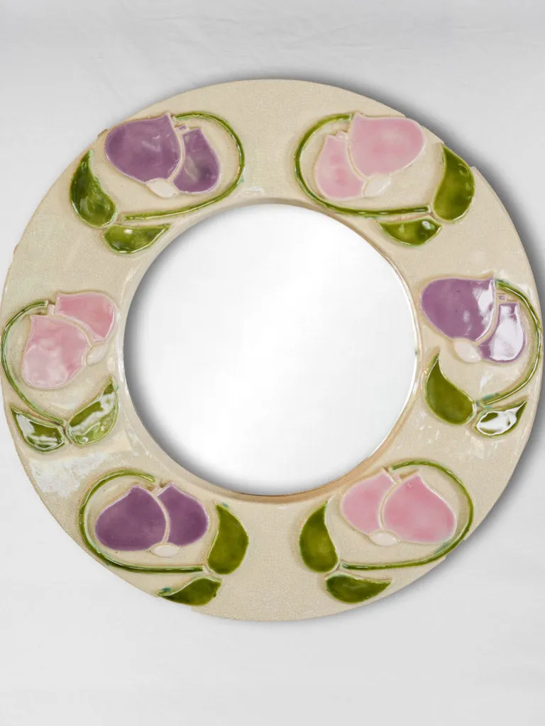 Round mid-century modern mirror w/ pink & purple flowers -Mithe Espelt (1924-2021) - 11½"