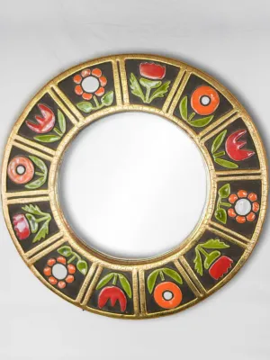 Round mid-century modern mirror w/ red & pink flowers - Mithe Espelt (1924-2021) - 11"