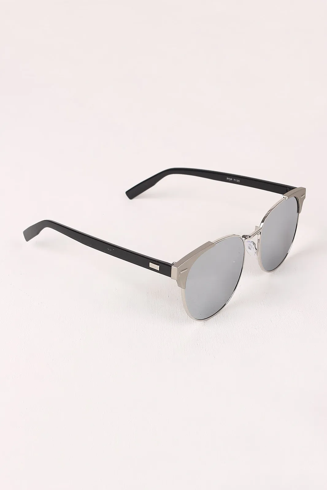 Round Mirrored Lens Cat Eye Clubmaster Sunglasses