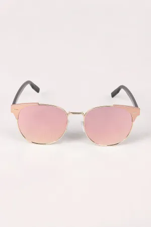 Round Mirrored Lens Cat Eye Clubmaster Sunglasses